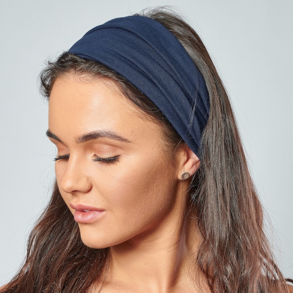 Unisex Stirnband Marineblau Baumwolljersey Breiter Komfortabler Headwrap