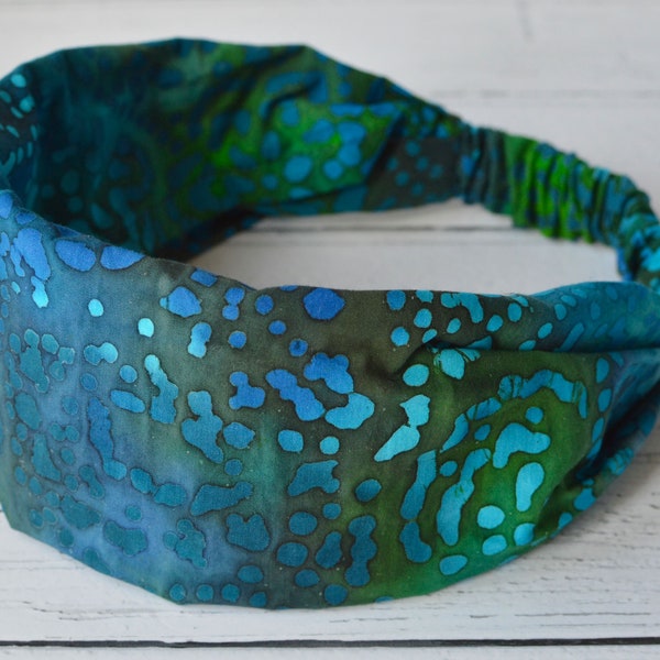 Batik Headband Green Blue Batik Hand Printed and Dyed Woven Cotton Bandana