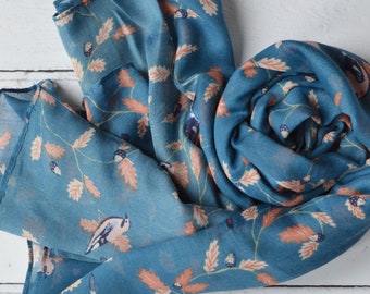 Teal Blue Scarf Jay Bird Print Soft Semi-sheer Wrap with Rolled Edges