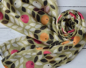 Berries and Leaves Scarf Large Pale Green Wrap