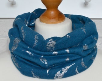 Teal Snood with Silver Metallic Feather Foil Print Verity Fine Knit Lightweight Neck warmer