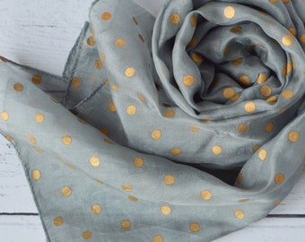 Silk Scarf Grey with Gold Foil Polka Dot Print Chiffon Neck Scarf or Hair Wrap