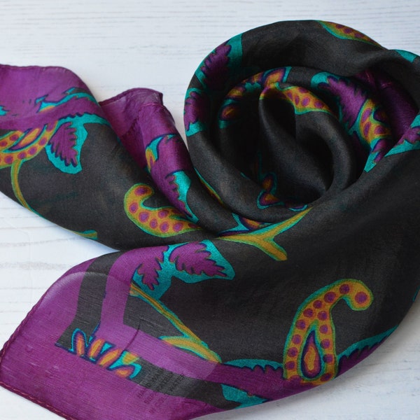 Silk Scarf Black and Purple Square Chiffon Neck Scarf or Hair Wrap with Floral Paisley Vine Print