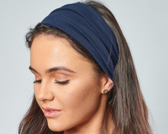 Unisex Headband Navy Blue Cotton Jersey Wide Comfortable Headwrap