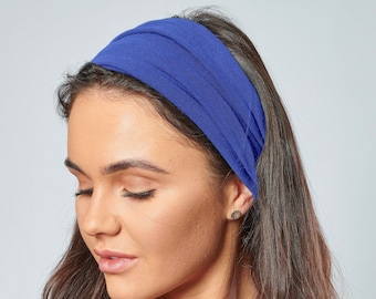 Royal Blue Headband Organic Cotton Hair Band Jersey Elasticated Back Bandana