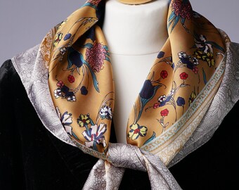 Seidiger Krawatten-Bronze-Blumen-Quadratischer Schal mit Grau-Weißem Paisley-Rand Kopftuch-Halstuch