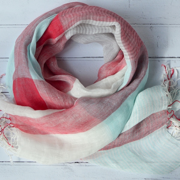 Striped Linen Scarf or Sarong with Tasselled Ends Aqua White Red Grey