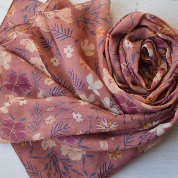 Floral Scarf Large Meadow Pink Cinnamon Organic Cotton Scarf