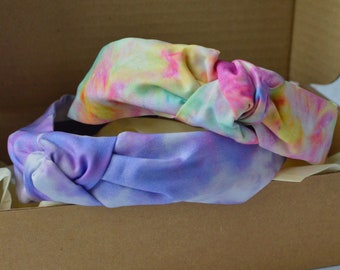 Tie Dye Headband Twisted Knot Rigid Hair Bands in Pink Rainbow and Lilac