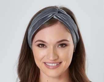 Velvet Headband Twisted Knot Tess Silver Grey Velour Velvet Hairband