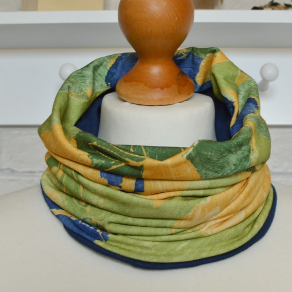 Snood Green Yellow Blue Abstract Floral Print Neckwarmer Abigail Stretchy Jersey Scarf Oeko-Tex certified Cotton Lining