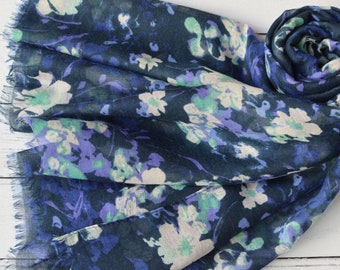 Blue and Purple Floral Scarf Soft Semi-sheer Wrap with Rolled Edges and Feathered Ends