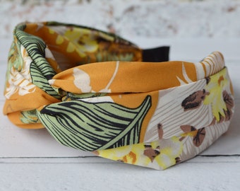 Rigid Headband Deep Twisted Hair Band with Tangerine and Green Leaf & Floral Print