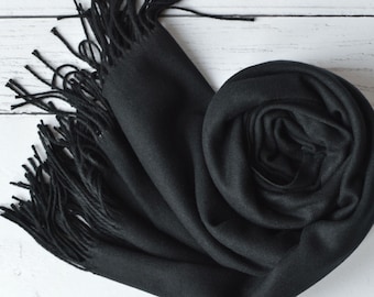 Drew Black Pashmina Super Soft Large Special Occasion Wrap with Tassels with Personalisation Option