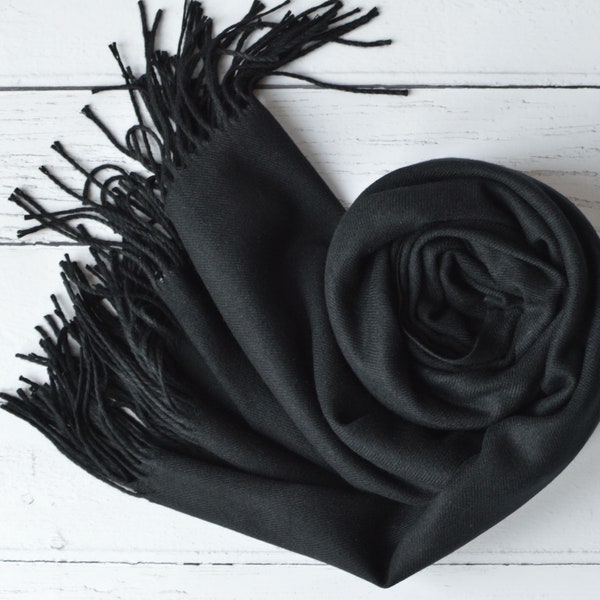 Drew Black Pashmina Super Soft Large Special Occasion Wrap with Tassels with Personalisation Option