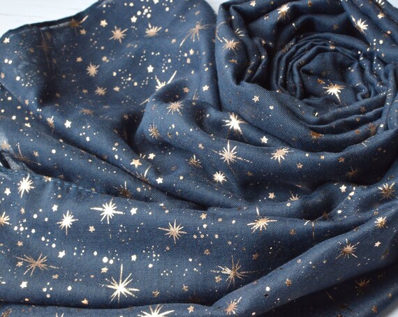 Slate Dark Blue Scarf with Metallic Rose Gold Stars Print Light Weight Wrap