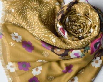 Olive Mustard Scarf with Floral Print and Gold Foil Fireworks Overlay Lightweight Supersoft Large Wrap