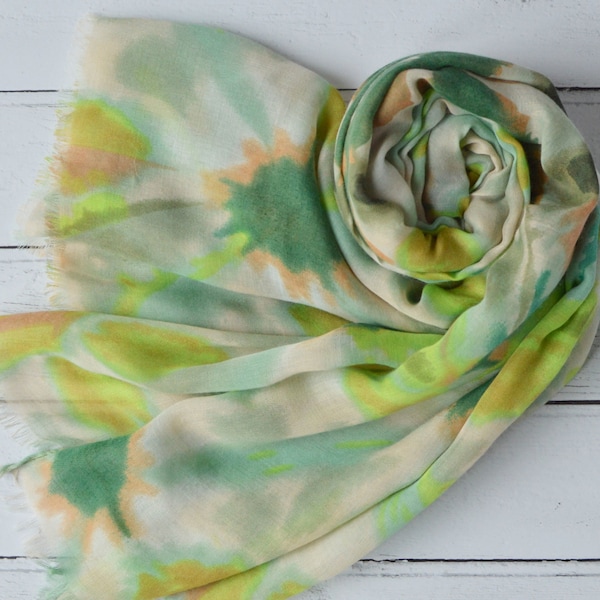 Tie Dye Scarf Large Soft Semi-Sheer Wrap or Sarong White Green Beige and Sand