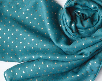 Teal Blue Green Scarf with Metallic Rose Gold Triangles Print Light Weight Wrap