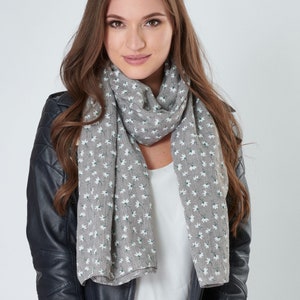 Lotus Flower Print Grey Cotton Mix Scarf with Herringbone Detail and Frayed Edges image 1