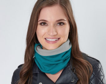 Reversible Snood Teal Blue with Silver Grey Chloe Oeko-Tex certified Cotton Stretch Jersey Neck Warmer Cowl Scarf