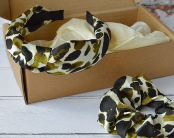Headband Twisted Knot Leopard Print Olive Green Silky Satin Rigid Hair Band with Matching Scrunchie option