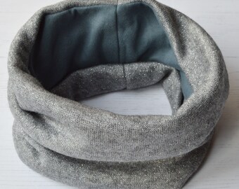 Snood Thick Silver Grey Glitter Neckwarmer Stretchy Jersey with Foil and Oeko-Tex certified Cotton Lining