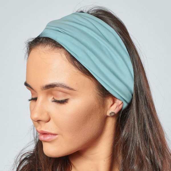 Diadema azul pastel Banda para el cabello de algodón orgánico Duck Egg Blue Jersey Bandana elástica en la espalda de Antonia York