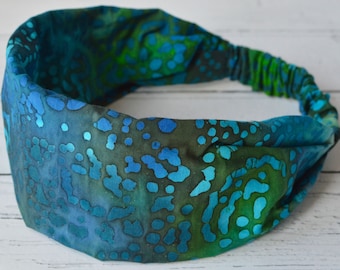 Batik Headband Green Blue Batik Hand Printed and Dyed Woven Cotton Bandana