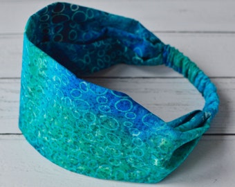 Summer Headband Green Blue Batik Hand Printed and Dyed Woven Cotton Bandana