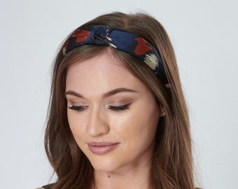 Rigid Headband Navy Blue Burnt Orange and Grey Abstract Print Silky Fabric