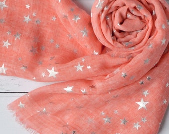 Silver Stars Scarf Coral Orange Soft Light Weight Scarf with Silver Foil Stars