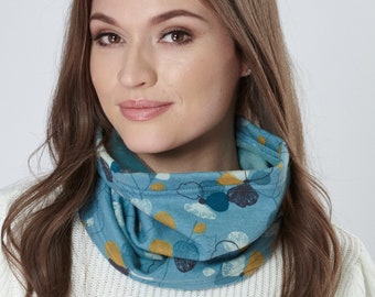 Snood Ladies Teal Blue Printed Jersey Loose Fit Neck Warmer with Soft Brushed Fleecy Back