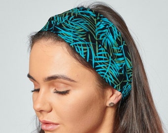 Leaf Print Headband Teal Blue Khaki Green Black Stretch Jersey Bandana by Antonia York