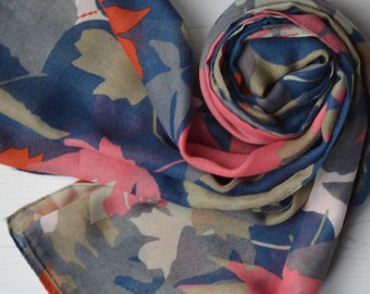 Leaf Scarf Large Soft Light Weight Gauzy Wrap Recycled Polyester Blue Sage Pink