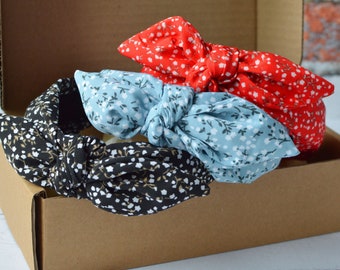 Bow Headband Women Girls 3pk or Single Ditsy Floral Print Top Knot Rigid Hair Band with Detachable Bow