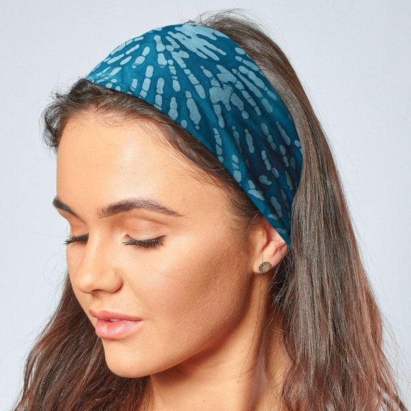 Batik Headband for Women Hand Printed and Dyed Batik Cotton Bandana in Teal Blue
