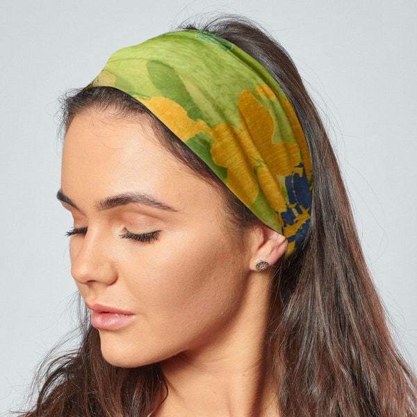 Bandeau en jersey Bandeau floral abstrait vert et jaune pour cheveux Bandana en jersey extensible par Antonia York