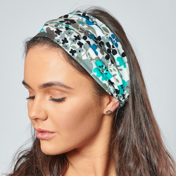 White Teal Floral Headband Stretch Jersey Micro Modal Bandana by Antonia York