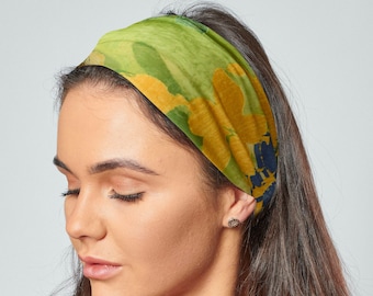 Jersey Headband Green & Yellow Abstract Floral Hair Band Stretch Jersey Bandana by Antonia York