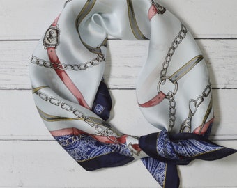 Silky Neck Tie Blue and Silver Square Scarf with Navy Border Belts Chains  Paisley Headscarf Neckerchief