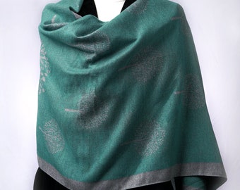 Pashmina Teal Grün und Grau Reversible Wrap Großen Weichen Maulbeerbaum