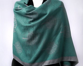 Pashmina Teal Green and Grey Reversible Wrap Large Soft Mulberry Tree