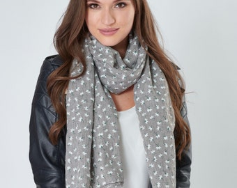 Lotus Flower Print Grey Cotton Mix Scarf with Herringbone Detail and Frayed Edges