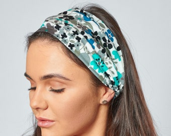 White Teal Floral Headband Stretch Jersey Micro Modal Bandana by Antonia York