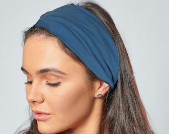 Organic Cotton Headband Denim Blue Jersey Elasticated Back Bandana by Antonia York