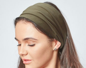 Khaki Green Headband Unisex Hair Band Cotton Jersey Bandana Turban Wide Non Slip Comfortable
