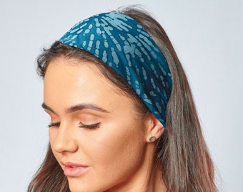 Batik Headband for Women Hand Printed and Dyed Batik Cotton Bandana in Teal Blue