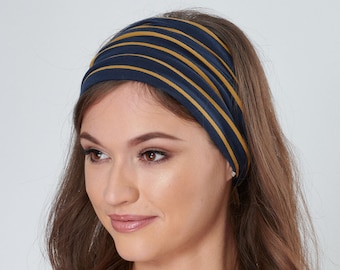 Striped Headband Cotton Bandana Wide Navy Blue & Mustard Headband