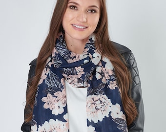 Organic Cotton Scarf Women's Navy Blue Salmon Pink and White Floral Scarf